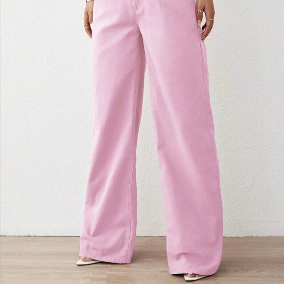 Pink Preppy Womens Solid High Waist Wide Leg Jeans - Picture 5 of 5